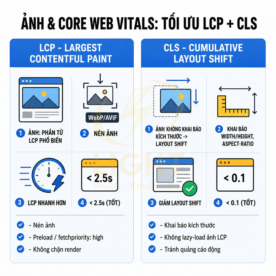 Hướng dẫn tối ưu ảnh cho Core Web Vitals tập trung cải thiện LCP và CLS trên website